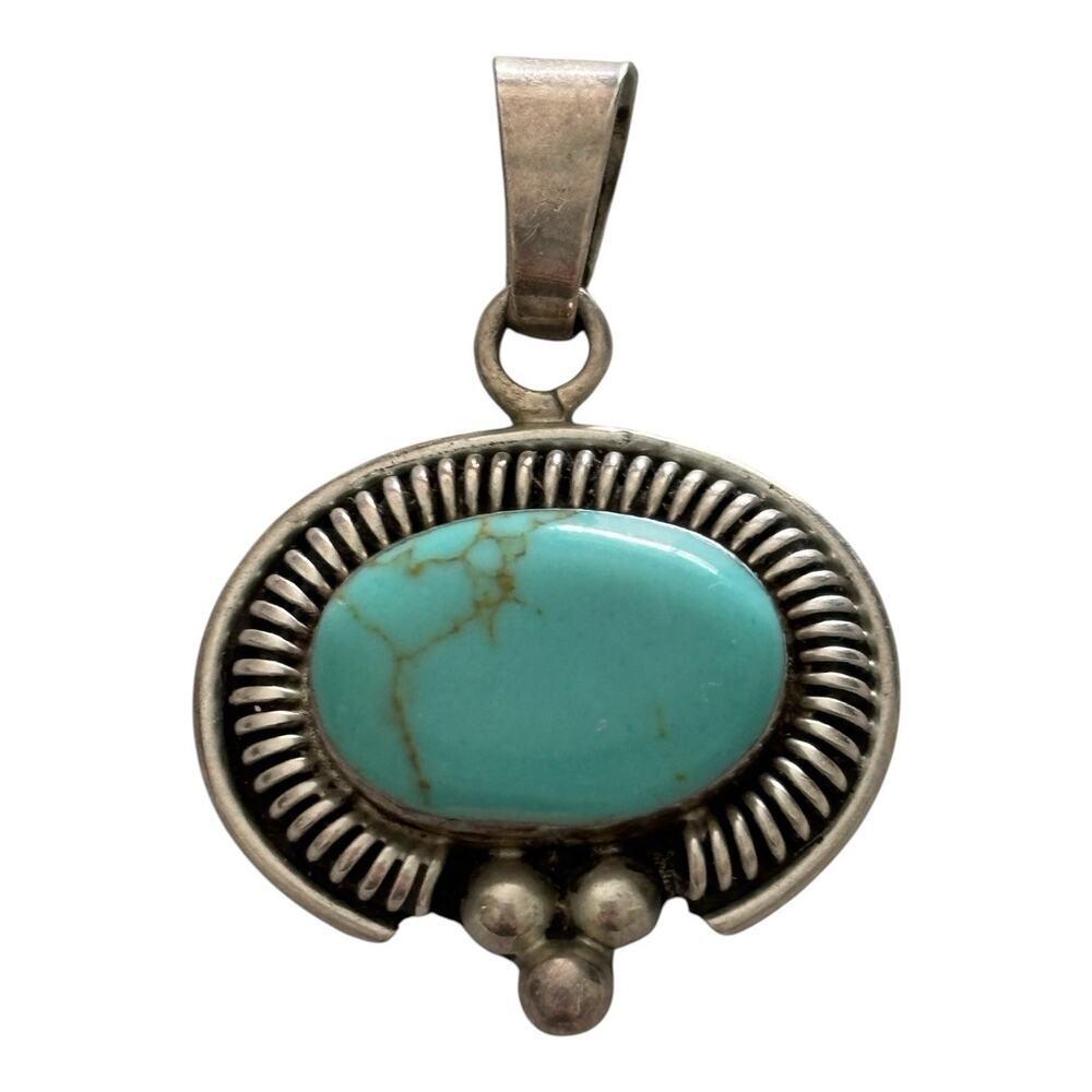 925 Sterling Silver Chunky Turquoise Pendant Mexico Vintage 1.25” Jewelry